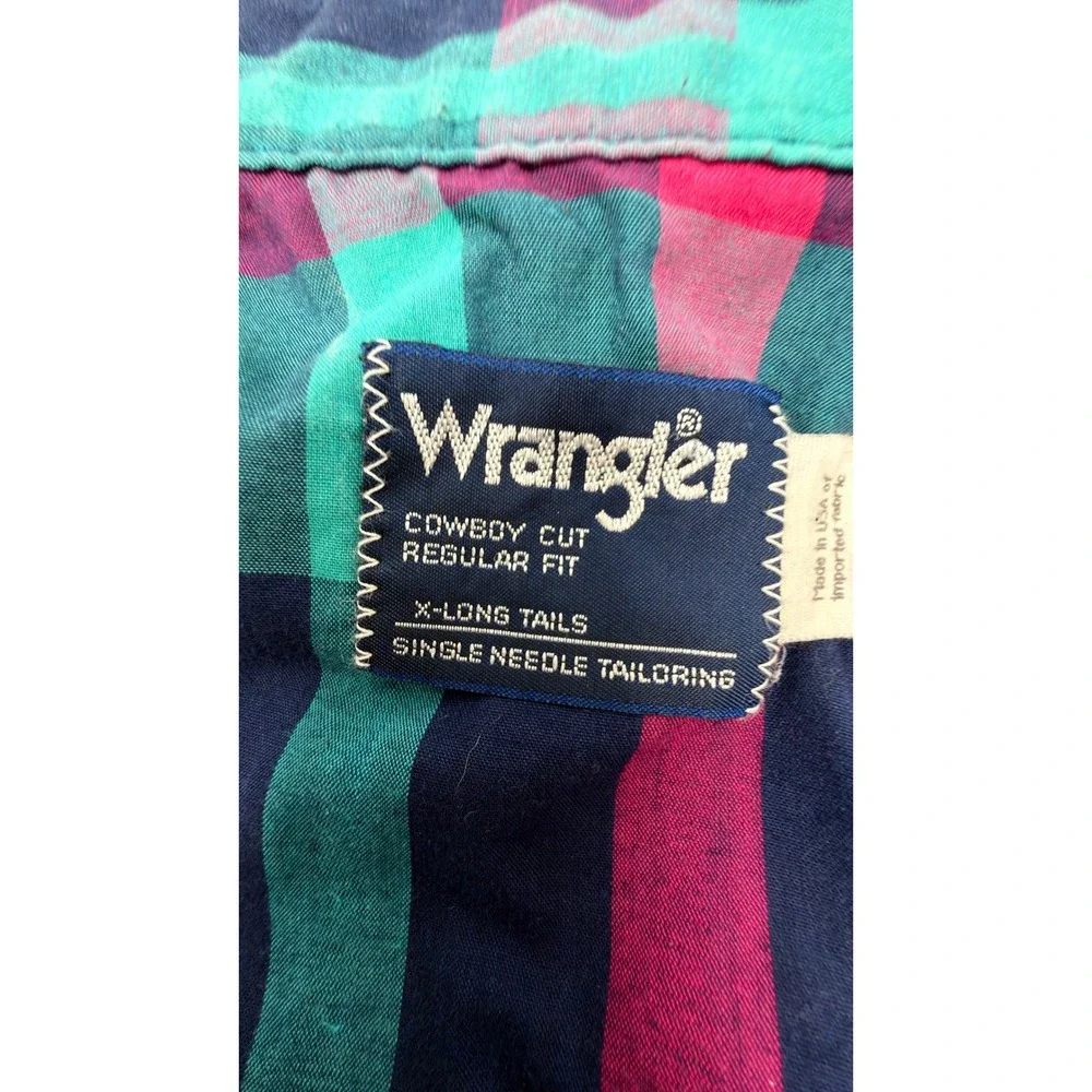 Vintage 90 Wrangler Cowboy Cut Pearl Snap Shirt Mens 16x34 L Teal Pink Plaid USA